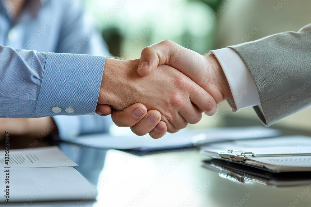 Two businessmen shaking hands in a modern office after a successful agreement Two businessmen shaking hands in a modern office after a successful agreement