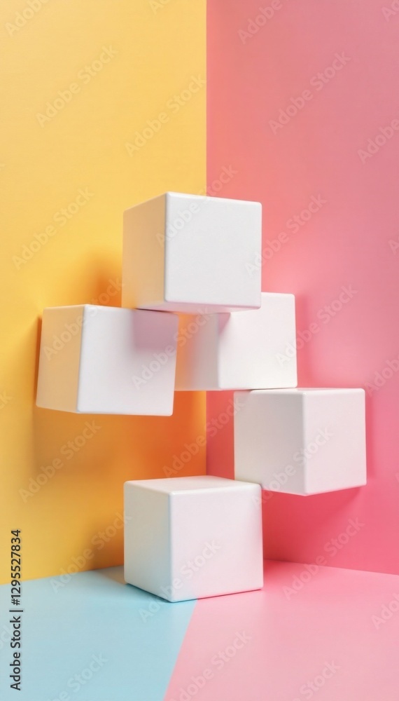 Shifting blocks of white cube boxes against a plain colored background, modern design aesthetic, random placement, minimalist style Shifting blocks of white cube boxes against a plain colored background, modern design aesthetic, random placement, minimalist style