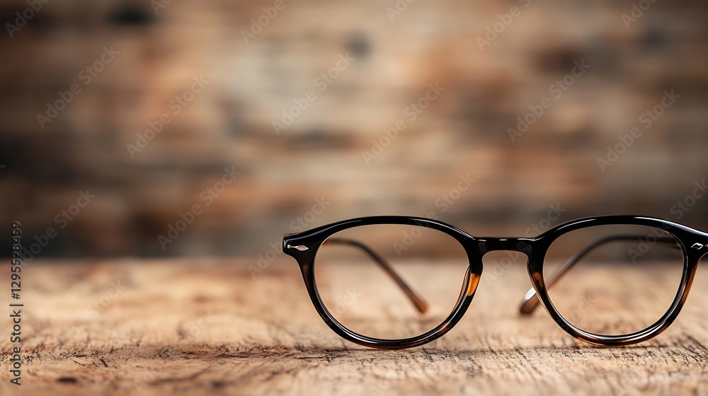Stylish eyeglasses resting on a wooden surface with soft focus background highlighting vision and fashion : Generative AI Stylish eyeglasses resting on a wooden surface with soft focus background highlighting vision and fashion : Generative AI