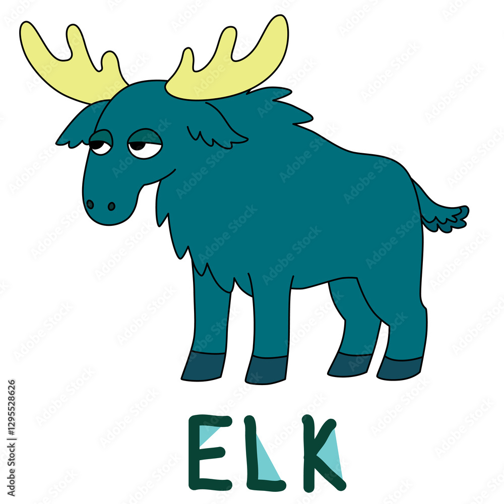 Fototapeta premium big thoughtful elk with antlers with colorful text below hand written