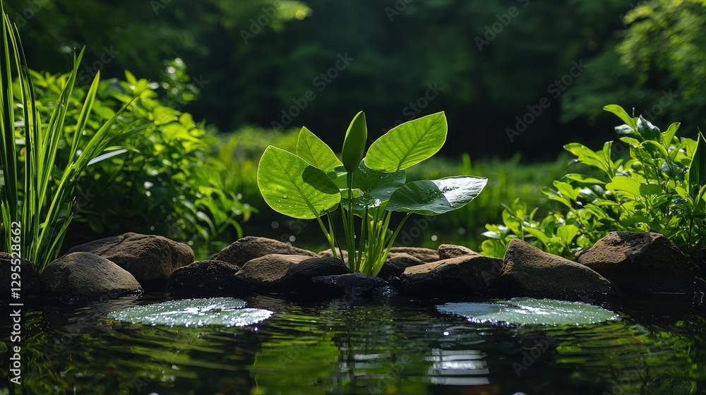 A pond scene features plants with green leaves and rocks A pond scene features plants with green leaves and rocks