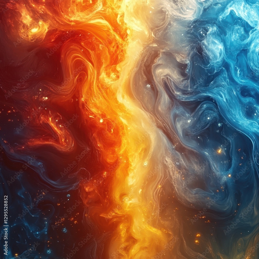 Dynamic abstract art featuring a mesmerizing blend of fiery orange and cool blue hues creating a captivating visual contrast Dynamic abstract art featuring a mesmerizing blend of fiery orange and cool blue hues creating a captivating visual contrast
