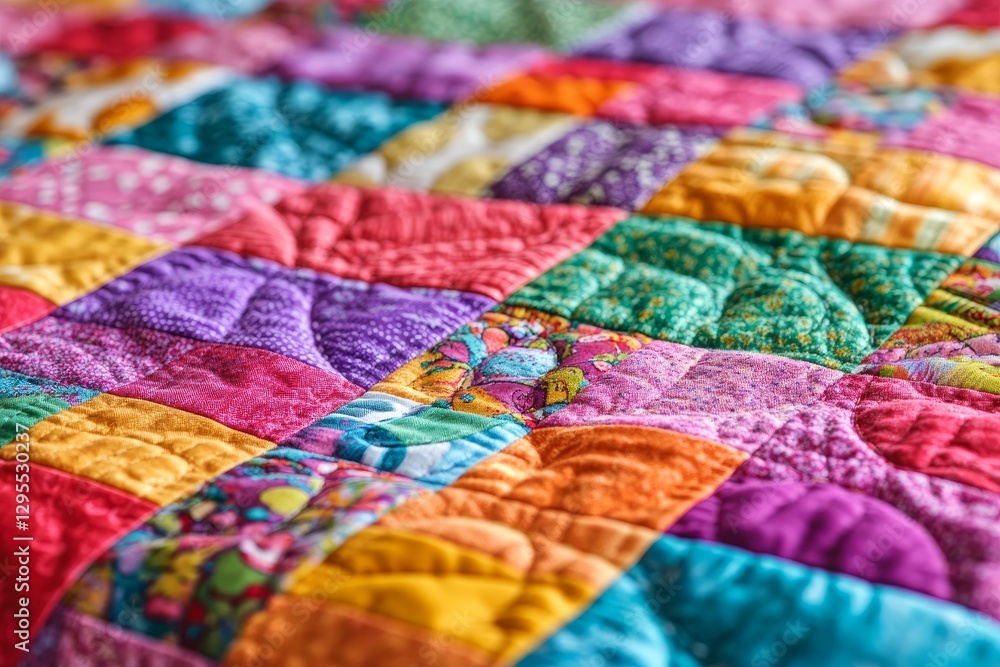 Fototapeta premium Colorful Patchwork Quilt with Intricate Stitches and Textures