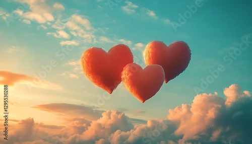 Three Fluffy Red Hearts Floating in the Sky Amongst Clouds