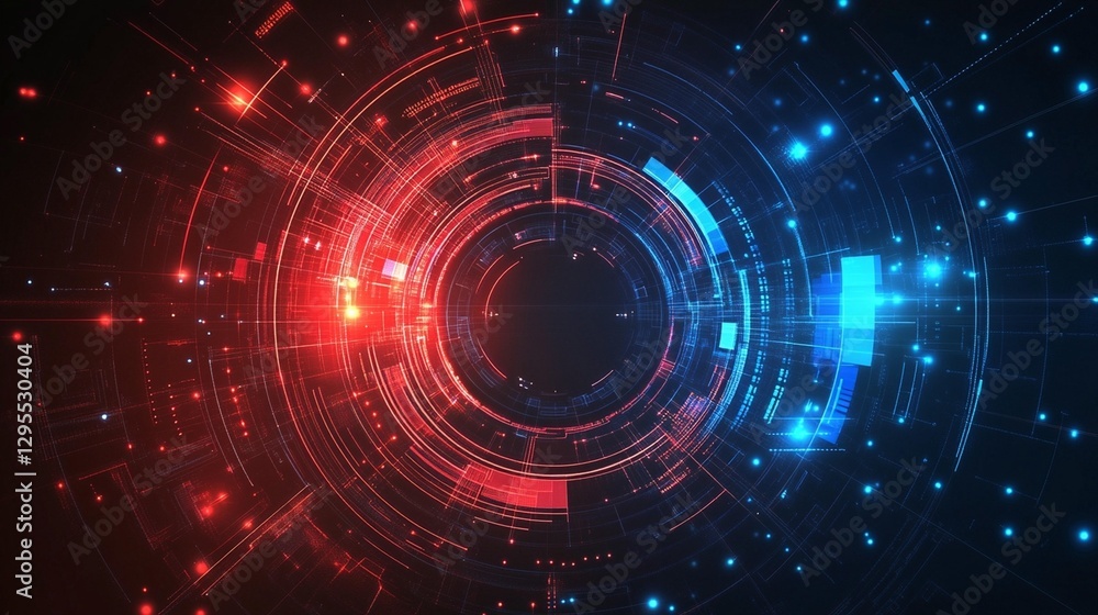 Abstract digital technology background with red and blue glowing circles and particles. Abstract digital technology background with red and blue glowing circles and particles.