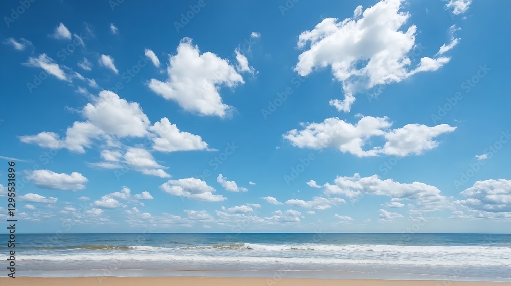 Obraz premium Beautiful beach scene featuring soft sand and fluffy white clouds under a bright blue sky inviting leisure and joy : Generative AI