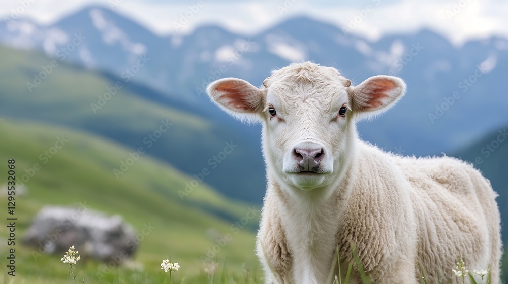 Adorable Calf Grazing in Lush Green Meadows with Majestic Mountains in Background : Generative AI Adorable Calf Grazing in Lush Green Meadows with Majestic Mountains in Background : Generative AI