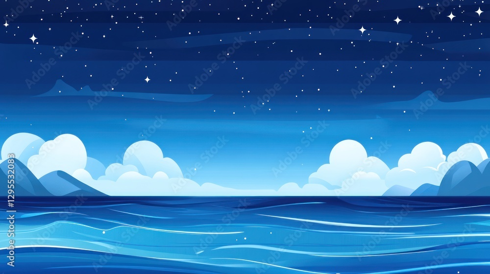 Starry night sky over ocean with clouds and mountains Starry night sky over ocean with clouds and mountains