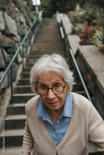 Senior woman climbing stairs photo