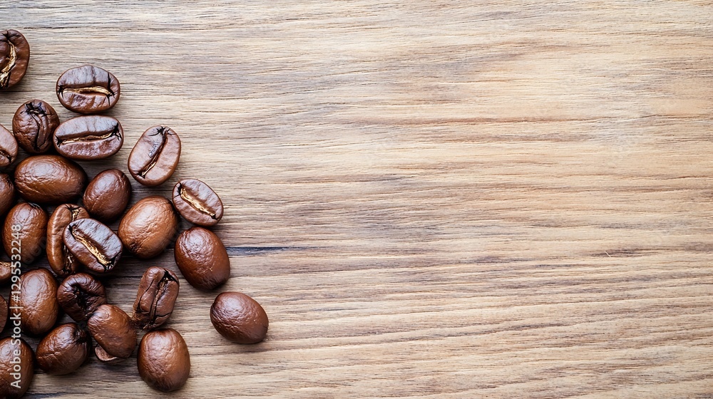 Closeup of roasted coffee beans displayed on a wooden surface : Generative AI Closeup of roasted coffee beans displayed on a wooden surface : Generative AI