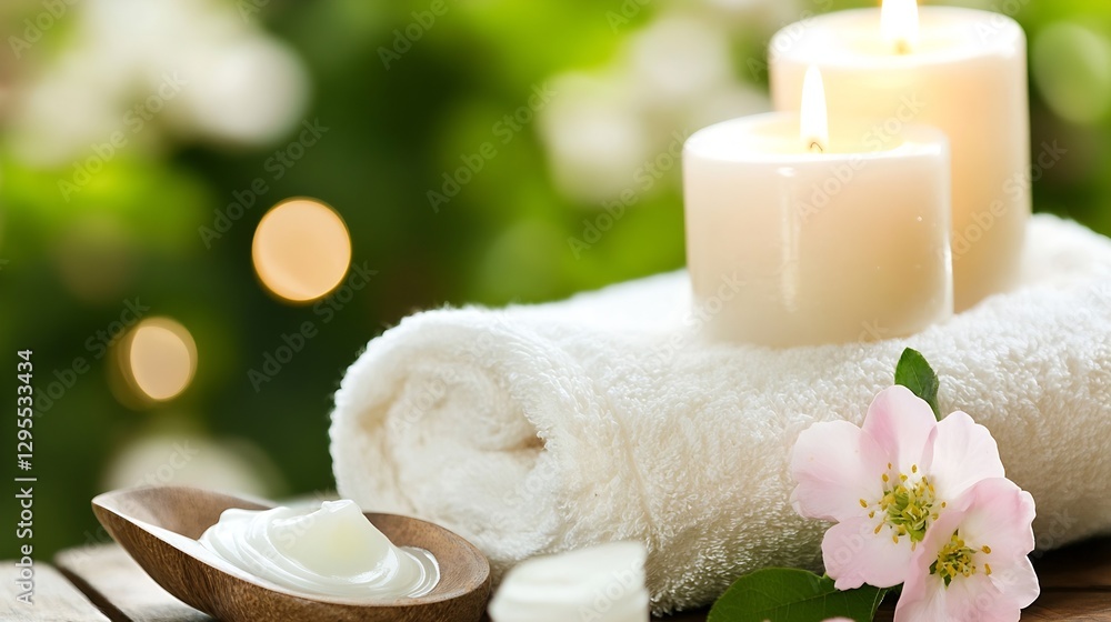 Natural Spa Setup with Soft Towels Scented Candles and Cream on a Wooden Table Surrounded by Nature : Generative AI Natural Spa Setup with Soft Towels Scented Candles and Cream on a Wooden Table Surrounded by Nature : Generative AI