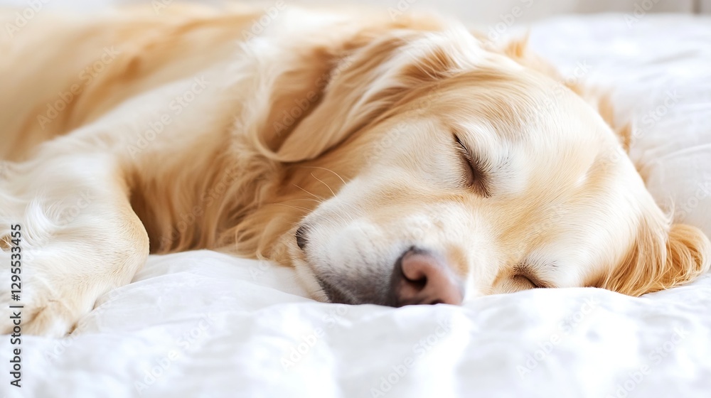 Obraz premium Golden Retriever Sleeping Comfortably on Soft White Bedspreads in Cozy Indoor Setting : Generative AI