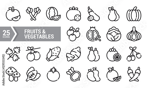 25 Lineal Fruits and Vegetables Icons for Design Projects.