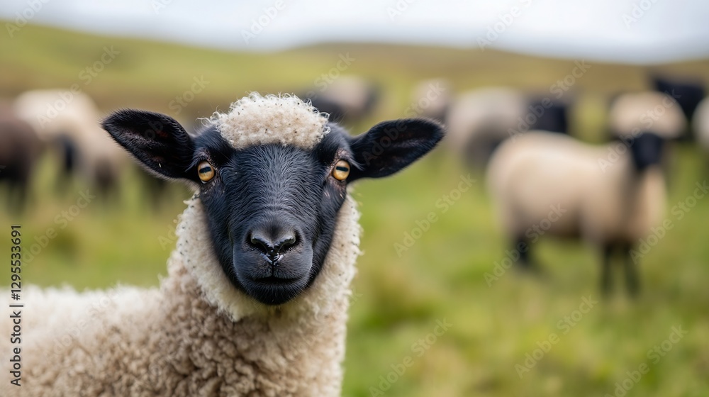 Close Up of Sheep with a Black Face Surrounded by Green Fields : Generative AI Close Up of Sheep with a Black Face Surrounded by Green Fields : Generative AI