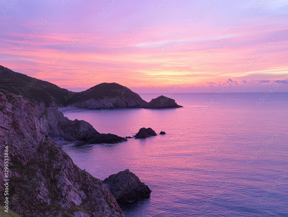 Serene coastal landscape at twilight with vibrant pink and purple hues reflecting on tranquil ocean water Serene coastal landscape at twilight with vibrant pink and purple hues reflecting on tranquil ocean water