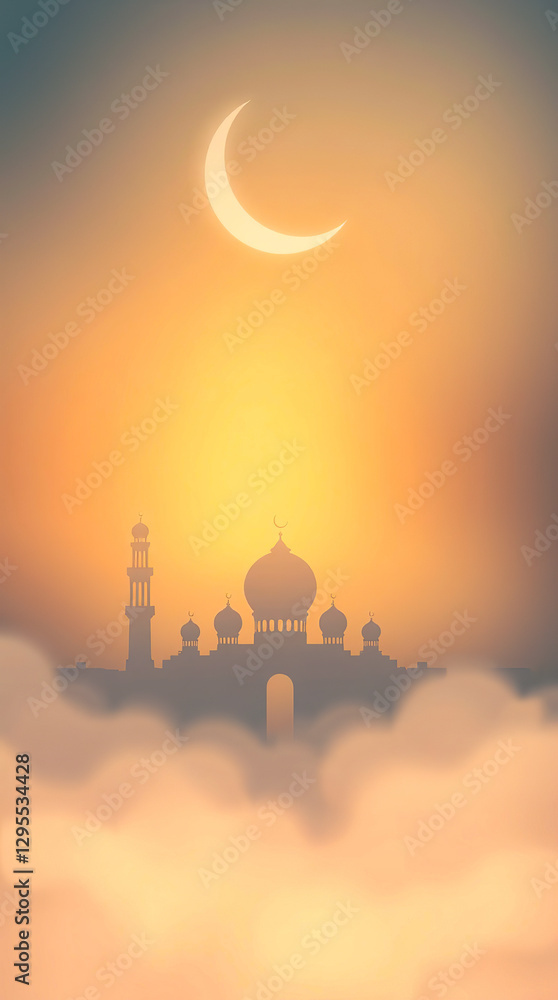 Obraz premium A soft pastel-toned Ramadan scene with a crescent moon over a peaceful desert.