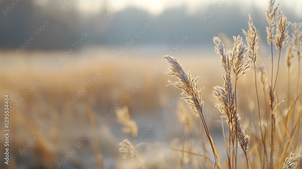 Fototapeta premium Golden sunlight illuminating tall grasses swaying gently in a tranquil morning field : Generative AI