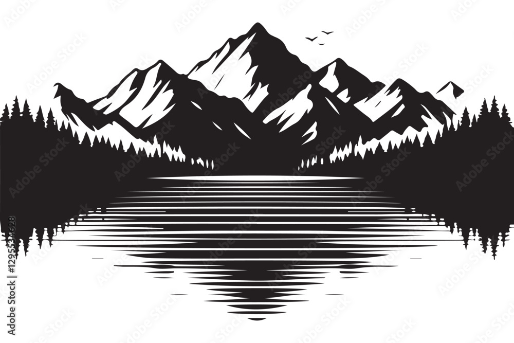 Fototapeta premium Serene Mountain Lake Silhouette Vector Art with Bird Details