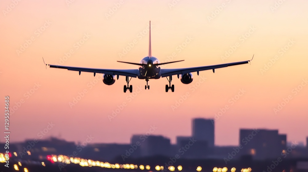 Commercial Airplane Landing at Sunset Over a Beautiful City Skyline with Colorful Lights Below : Generative AI Commercial Airplane Landing at Sunset Over a Beautiful City Skyline with Colorful Lights Below : Generative AI