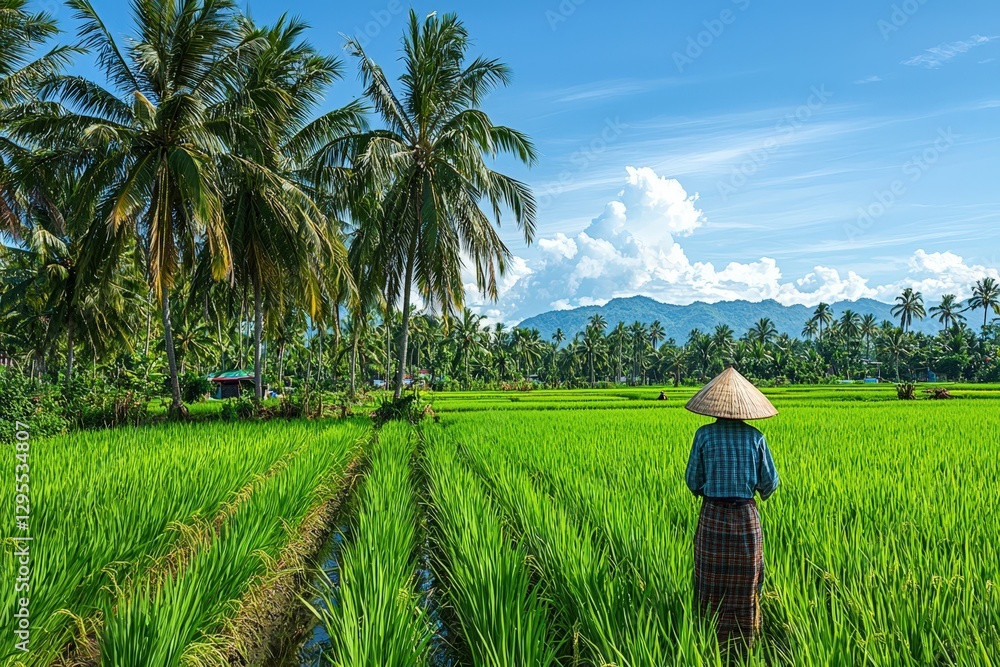 An Asian farmer diligently caring for rice plants in a lush countryside, surrounded by tall palm trees under a clear blue sky, symbolizing traditional agriculture. .