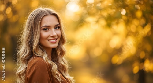 A woman with curly hair stands in a greenhouse filled with vibrant orange and yellow ranunculus flowers, wearing a white top. The soft natural light highlights her serene expression