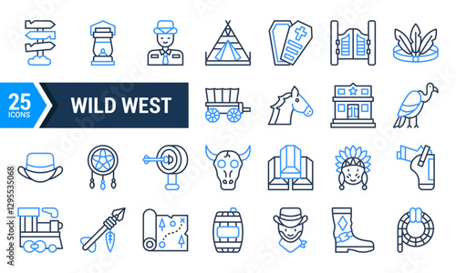 25 Wild West Icons in Blue and Black Line Style.