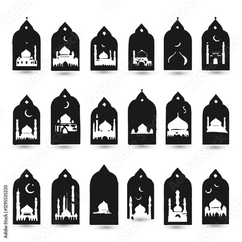 Set collection logo hanging Islamic raditional muslim symbols of Ramadan Mubarak fanous
