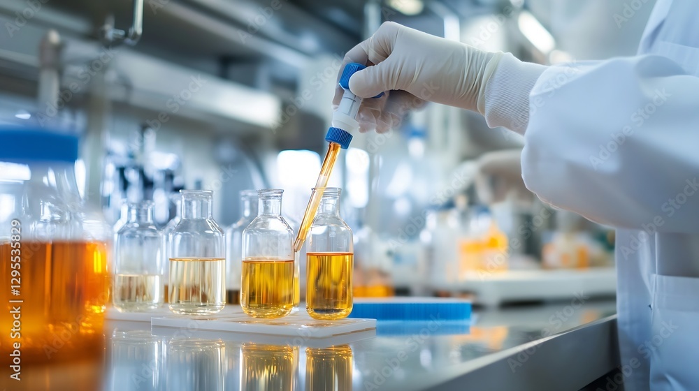 Scientist in Laboratory Handling Laboratory Glassware with Orange Liquid and Protective Gear : Generative AI Scientist in Laboratory Handling Laboratory Glassware with Orange Liquid and Protective Gear : Generative AI