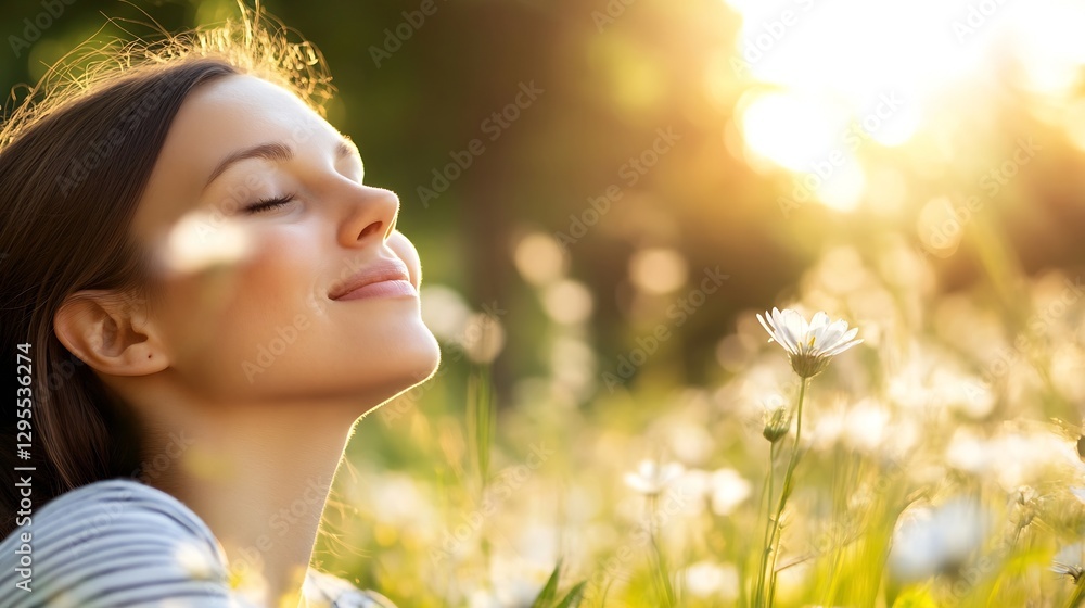 Fototapeta premium Happy Woman Enjoying Nature with a Gentle Smile in a Flowery Meadow at Sunset : Generative AI