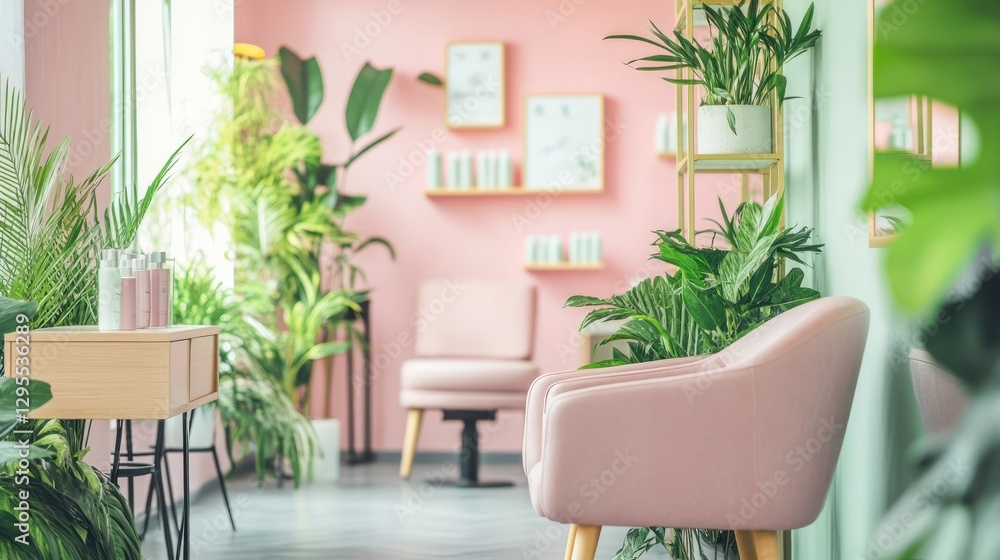 Fototapeta premium Elegant salon interior featuring pink walls and abundant green plants