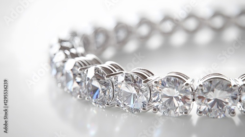 A diamond tennis bracelet with a sleek platinum setting, floating against a white background