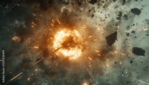 Wallpaper Mural Missile impact, fiery explosion, debris field, space battle, VFX Torontodigital.ca