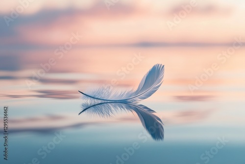 Delicate White Feather Floating on Serene Water at Sunset