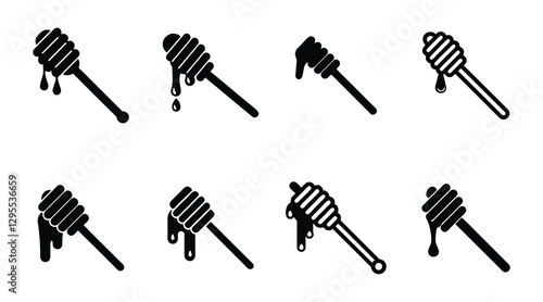 Honey Dipper Stick Dripping Honey - Vector Icons Set