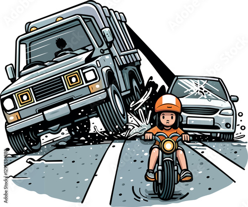 Illustration about the occurrence of a road accident due to a violation of traffic rules by a boy on a bicycle