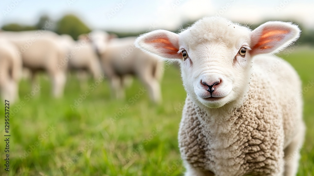 Cute lamb standing in a lush green field surrounded by other sheep on a sunny day : Generative AI Cute lamb standing in a lush green field surrounded by other sheep on a sunny day : Generative AI