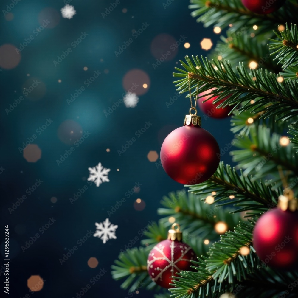 Fototapeta premium Snowflakes gently falling on a festive Christmas tree, festive atmosphere, winter scene, holiday decoration