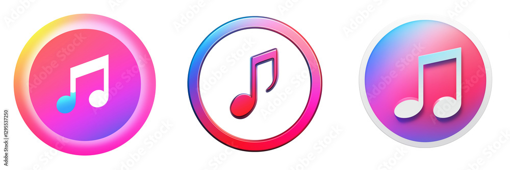 Set of a musical note inside a circle with red and blue gradients, isolated on transparent background .