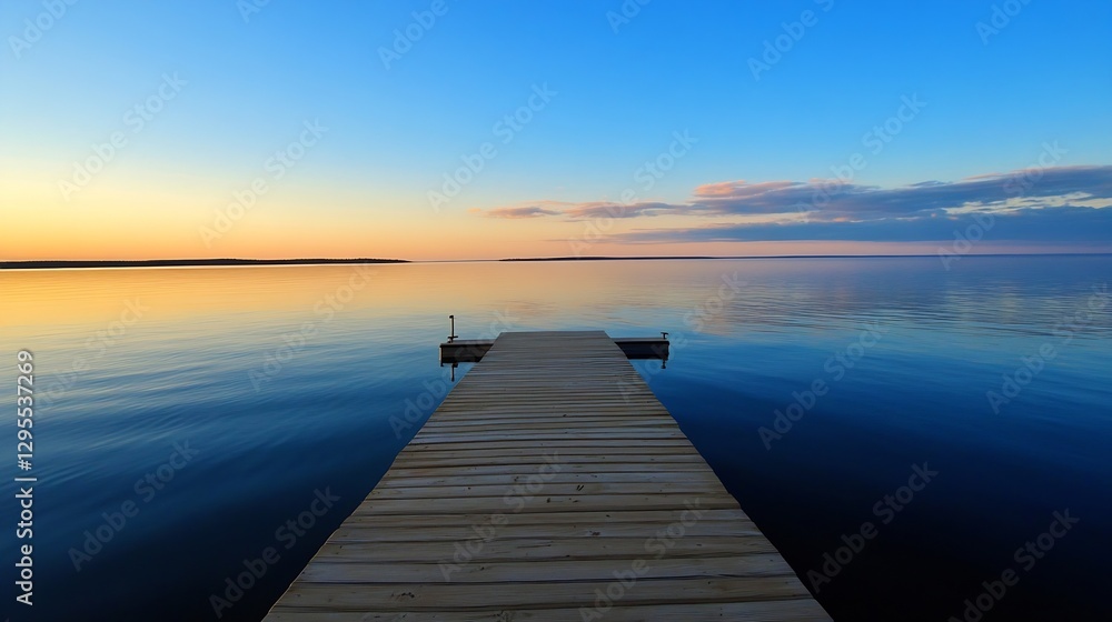 Fototapeta premium Stunning Sunset Over Calm Water at a Scenic Dock in a Peaceful Landscape : Generative AI