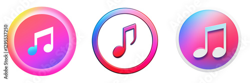 Set of a musical note inside a circle with red and blue gradients, isolated on transparent background .