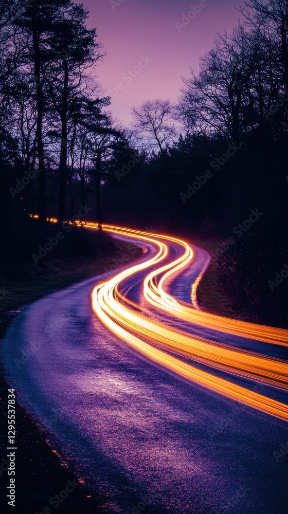 Captivating winding road at twilight with vibrant light trails through dark forest landscape photography Captivating winding road at twilight with vibrant light trails through dark forest landscape photography