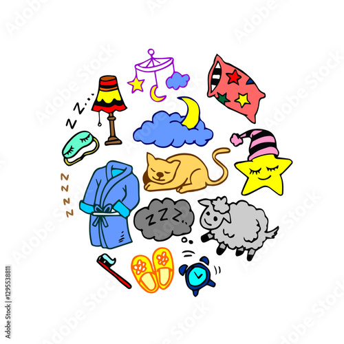 Sleep, relax time, dream night doodle set. Hand drawn sketch	