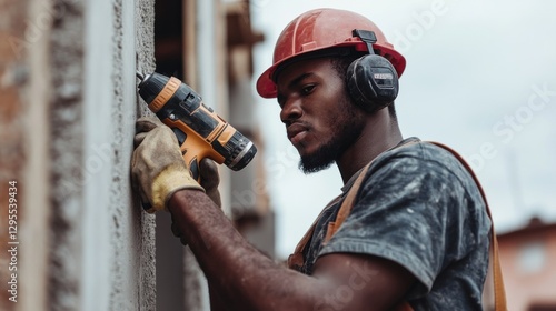 Construction worker using a drill on building construction site