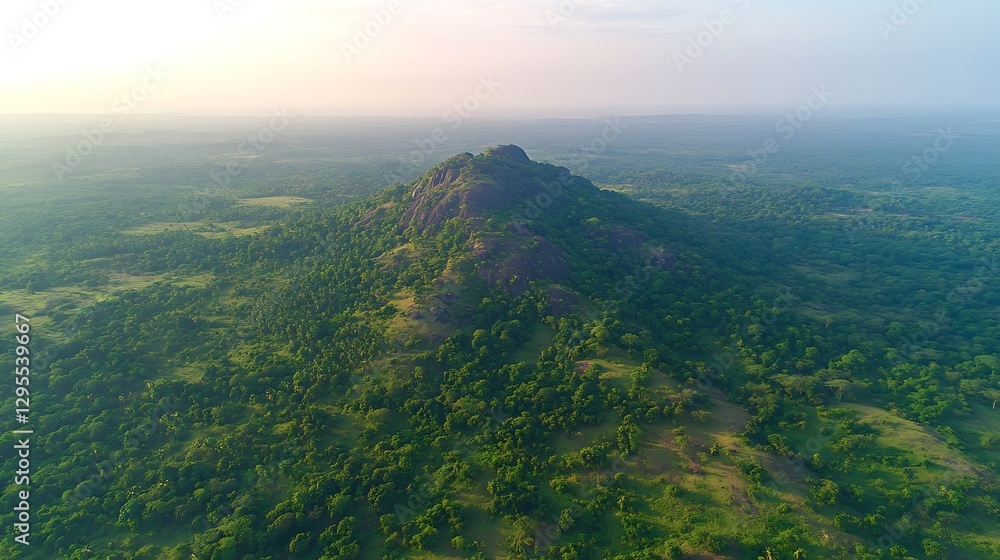 Fototapeta premium Sunrise over lush jungle peak