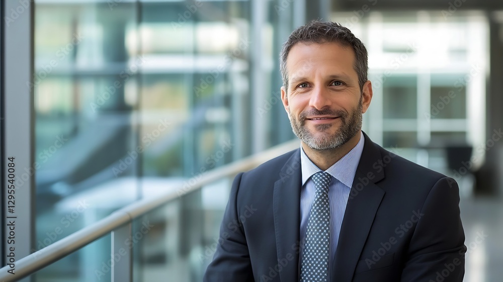 Confident and Professional Businessman in a Suit Smiling in a Modern Office Setting : Generative AI Confident and Professional Businessman in a Suit Smiling in a Modern Office Setting : Generative AI