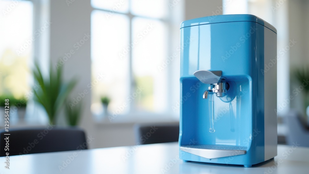 Blue water dispenser for office on a white table with plants in the background