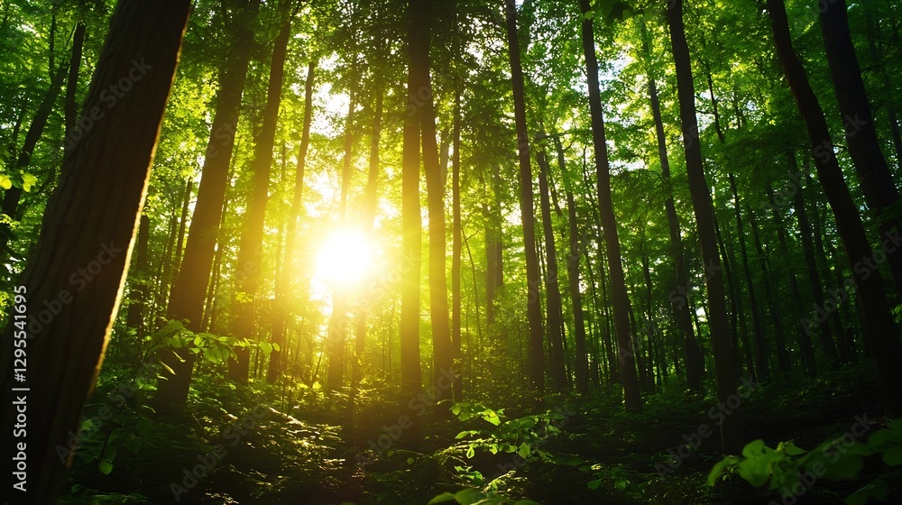 Obraz premium Sunlight filtering through a dense forest creating a warm glow among the tall trees and lush greenery : Generative AI