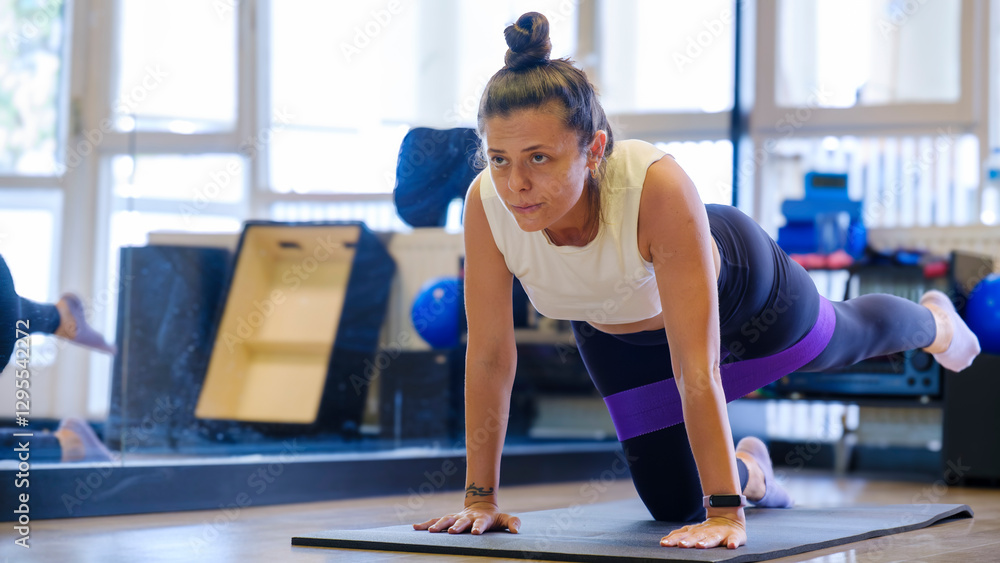Fototapeta premium A middle-aged, fair-skinned woman exercises on a Pilates mat in a Pilates studio