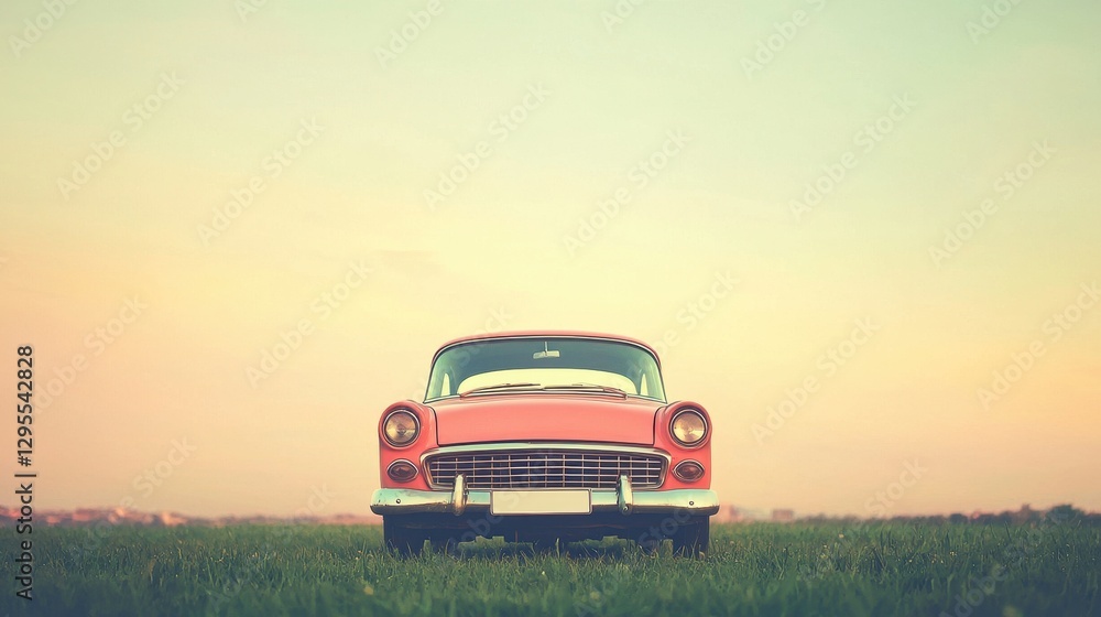 Fototapeta premium Vintage Car Parked on Green Field under Beautiful Sunset Sky