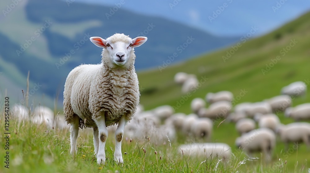 Cute Sheep Standing in Green Grassy Field with Flock of Sheep in the Background : Generative AI Cute Sheep Standing in Green Grassy Field with Flock of Sheep in the Background : Generative AI